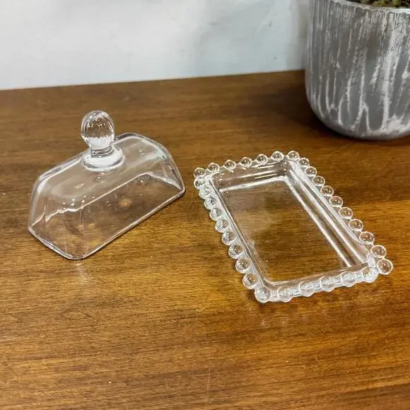 Clear Glass Mini Lidded Butter Dish or Pate Plate Beaded Rim 4" Cover Lid - Picture 2 of 6
